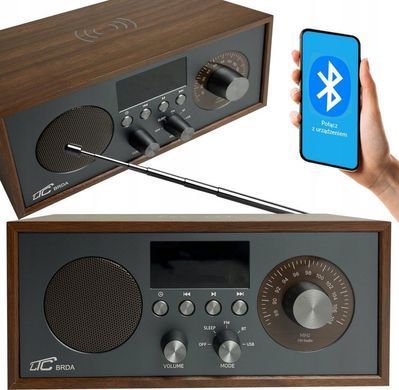 Портативний радіоприймач Brda FM/BT/USB 2200 мАч, 10 Вт, индуктивная зарядка телефона, коричневый/графитовый 5902270791020 фото