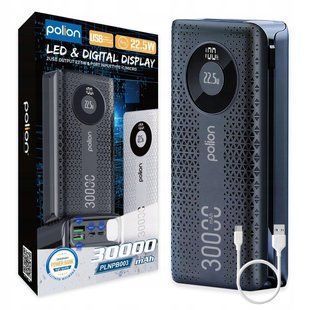 Повербанк 30000 мАч 22.5 Вт USB-C USB-A QC 3.0 с дисплеем и фонариком POLION PLNPB003 5906728469349 фото
