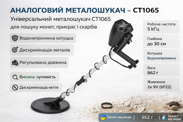 Металлоискатель CT1065 для поиска монет и золота водонепроницаемая катушка аналоговый индикатор дискриминация 5902041310252 фото